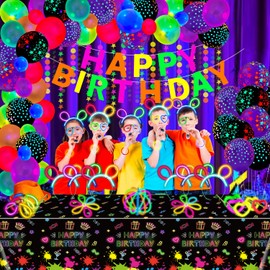 173 Pack Glow Neon Party Supplies Glow Sticks Party Decorations Black Light Reactive Decor Set - Fluorescent Banner, Neon Garlands, Glow in The Dark Balloons, Graffiti Tablecloth, Light Up Sticks