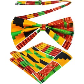 Kente nyama African Print Cloth Tie Sets Kente Bow Tie and Pocket Square 2 Pcs for Black History Men Boy