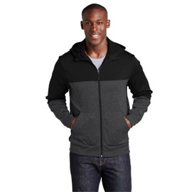 SPORT-TEK Unisex Tech Fleece Colorblock Full Zip Hooded Jacket, Black/Graphite Heather/Black, Large