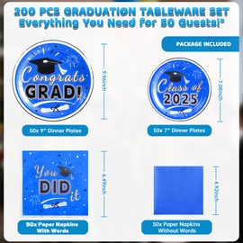 Graduation Plates and Napkins 2025 – 200PCS Blue Graduation Party Decorations Pack, Disposable Paper Plates & Napkins for 50 Guests – Perfect for 2025 Congrats Grad Party Supplies