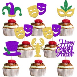 Happy Mardi Gras Y'all Cupcake Topper, Happy Mardi Gras Birthday Cupcake Topper, Masquerade Masks Party Decoration, Carnival Themed Birthday Bachelorette Party Supplies Gold Green Purple Glitter
