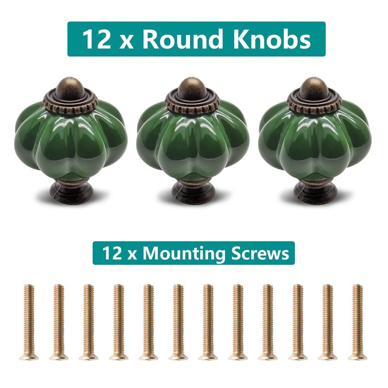Seimneire 12pcs Dark Green Vintage Ceramic Cabinet Knobs and Drawer