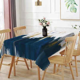 TTQYFNM 54x108inches Navy Blue White Tablecloth Abstract Brush Strokes Oil Painting Ombre Fabric Table Cloth Waterproof and Stain Resistant Rectangle Table Cover for Kitchen Dining Room Home Decor