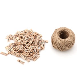 Haosie 250 pcs Mini Clothes Pins, Clothes Pins Wooden, Multi Function Craft Clip Photo Paper Peg Pin with 1 Roll 50 Meter Jute Twine for Photo Wall Decoration Scrapbooking Postcard Art Work Display