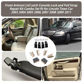 XYgdhqpt 2PCS Front Armrest Lid Latch Console Lock and Pull Strap 2 Door Repair Kit Combo Set Compatible with 2003-2011 Lincoln Town Car (Pull Strap + End caps +Armrest Lid Latch)