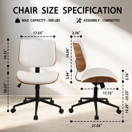 CLATINA Armless Home Office Chair, Desk Chair with Wheels, Adjustable Height Reading Chair, Leather Mid Back & Swivel Computer Chair, Modern Walnut Chair with Back for Studio Meeting Room(White)