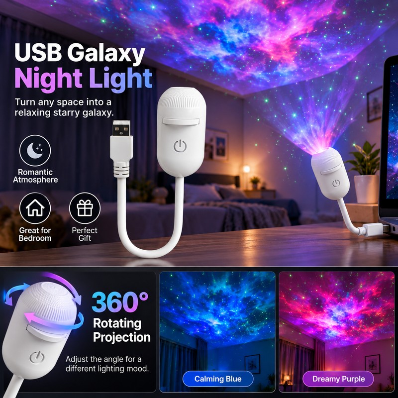 USB Galaxy Projector Night Light for Home Décor – 360°