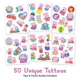 Savvi - 50 Peppa Pig Temporary Tattoos: Skin-Safe Ink, Great for Birthday Parties, Gifts for Boys and Girls Ages 4-12+, Made in the USA [6 sheets, 50 count]