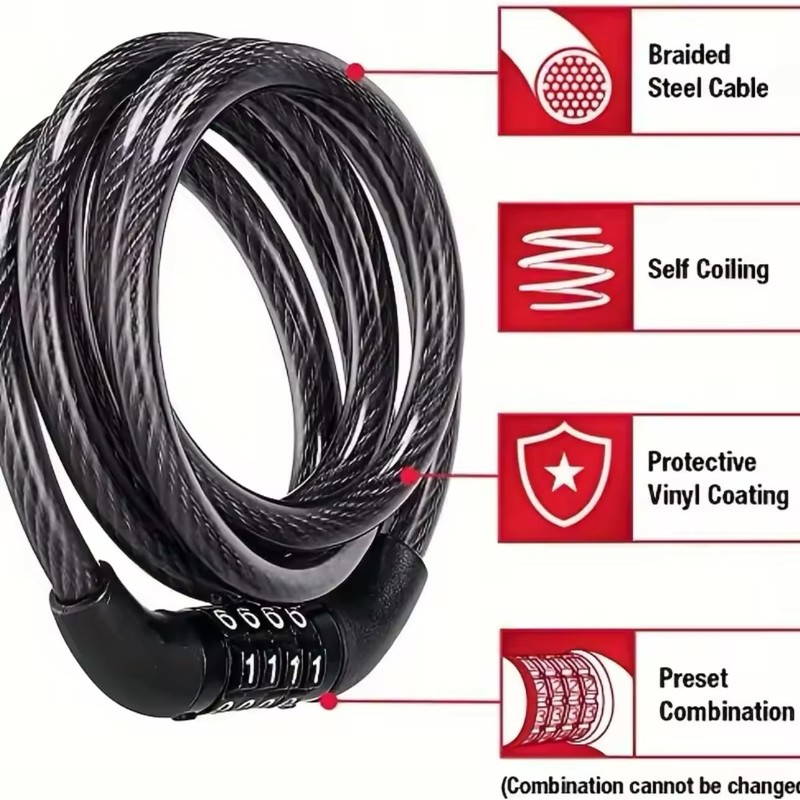 Bike Lock Bicycle Locker 4 Digit Combination 100cm Long Cycle