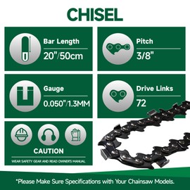 4 Pack 20 Inch Chainsaw Chain 3/8" Pitch .050" Gauge 72 Drive Links 20 Inch Replacement Low Kickback Saw Chains Compatible with Husqvarna 455 Rancher Poulan Stihl Makita and More E72 33RS72