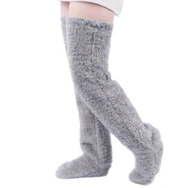 Long Fluffy Socks Fluffy Thigh High Socks Cozy Socks Women Knee High Fluffy Socks Knee Socks Furry Extra Long Leg Warmer Sleeves Thigh High Boots Sleep Socks for Women Winter Warm (Light Gray)