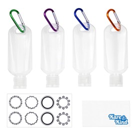 Kare & Kind Clear Portable Travel Bottles - 4x Empty Bottles with Flip Top Caps, 4x Carabiner, 1x Sticker Label Sheets - up to 50 ML -For Hand Sanitizers, Disinfectant Alcohol, Liquids, Toiletries