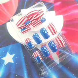 4th of July Nails Press ons Medium Square Press on Nails Independence Fake Nails National Flag Stars Design Red White Lines Design Blue Glue on Nails Artificial July 4th False Nails for Girls 24Pcs
