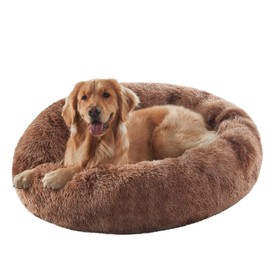 BedStill 36 inches Donut Dog Bed for Large Dogs - Calming Fluffy Round Pet Bed with Removable & Washable Cover,Fits up to 100 lbs Pets (Tie-dye Brown,Large)