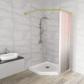 Diamond Shaped Shower Curtain Rod (Both Sides: 17"-25.6",Middle:20"-26) Stretchable True 304 Stainless Bathroom Bathtub Corner Rack Gold