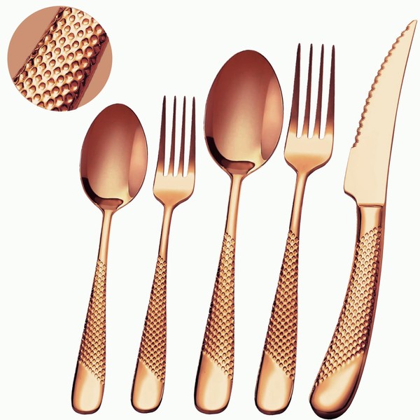 Runfly 20 Piece Hammered Rose Gold/Copper Silverware Set, 18/10 Stainless