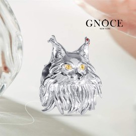 GNOCE Maine Coon Cat Charms Bead Sterling Silver American Forest Cat Animal Charm Beads Fit Bracelet/Necklace Fashion Jewellery Gift for Her, Silver, Cubic Zirconia