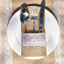 Awtlife 60 Packs Xmas Burlap Lace Utensil Holders Silverware Cutlery Pouch Knifes Forks Bag for Vintage Wedding