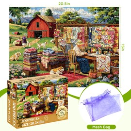 500 Piece Puzzle for Adults, Country Quilt Sewing Puzzle, Colorful Farmhouse Craft Scene Jigsaw Puzzle, with Letter on Back No Dust, Challenging Family Game Gift for Friends Seniors, 20.5x15 in