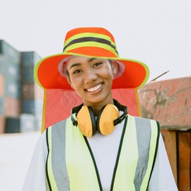 12 pcs Reflective Safety Hat with Neck Flap Wide Brim Men High Visibility Reflective Sun Hat Breathable Bucket Cap for Men Women Worker-Orange