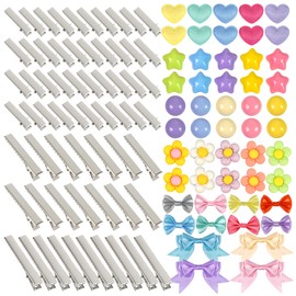 116 PCS Hair Clips Silver Metal Snap Hair Clips Clasps Accessories with 64 PCS Hair Clips and 52 PCS Resin Charms Coloful Bows for Women Girls Bows Making Crafts