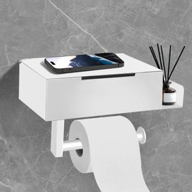 SEHAUSEU Paper Roll Holder,3-in-1 Space-Saving Bathroom Organizer - White Metal Toilet Paper Holder with Tissue Box Storage for Modern Bathrooms