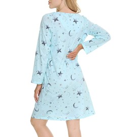 CHUNG Women's Cotton Nightgowns Long Sleeve Crew Neck Lovely Print Sleep Dress,Green Star,77-L