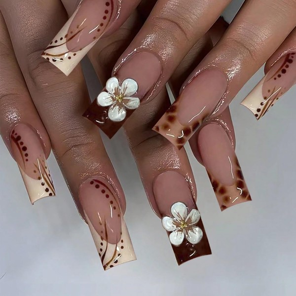 GlamRays Long Press On Nails Flowers French Tip False Square