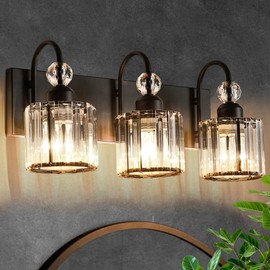 DIAMONDFORGE Bathroom Vanity Light Fixtures Over Mirror - Makeup Lighting Black - for Modern Wall, Bath, Desk, Farmhouse, Hallway (3 Crystal Lights)
