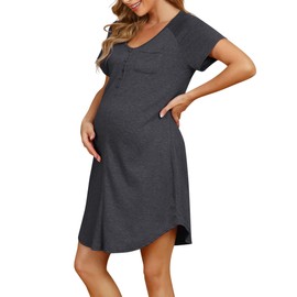 KOJOOIN Women's Nursing Nightdress with Button Placket, Birth Sleepwear, Cotton Pyjamas for Pregnant Women (Reusable Packaging), Dark grey (short sleeve)