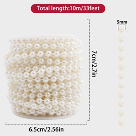 Tiparts Pearls String Beads 33 Feet Crafts Faux Pearl Roll for Christmas Garland Flowers Wedding Party Jewelry Decoration(5mm Ivory)