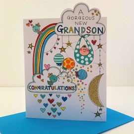 Rachel Ellen Gorgeous New Grandson Baby Boy Card - Baby Birds Balloons
