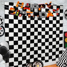 3 Pack Race Car Birthday Party Streamers Backdrops Decorations with Happy Birthday Banner, Checkered Black White Foil Fringe Curtain Photo Booth Props Racing Car One Happy Dude Party Decor Supplies
