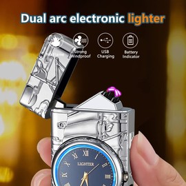 GADATOP Encendedor de vela, encendedor de plasma, encendedor de arco eléctrico, encendedor USB, encendedor multifuncional, encendedor a prueba de viento, encendedor de moda, encendedor de metal luminoso reloj real con esfera LED (vela plateada)