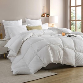 Cobnom® Feather Down Fibers Comforter Oversized Queen, Hotel Luxury Cloud Fluffy Duvet Insert, Silky Soft Egyptian Cotton Blend Cover, Medium-Weight for All Season (98x98 Inch, White)