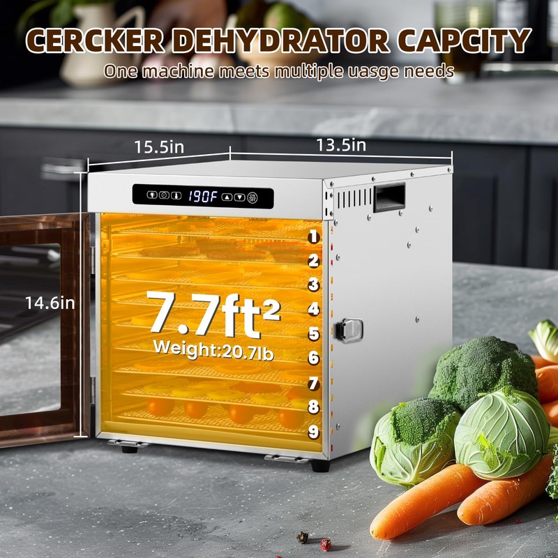 Food-Dehydrator Machine 9 Stainless Steel Trays, 1000W Fruit Dehydrator,7.7ft² Meat
