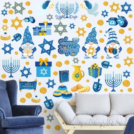 ReliThick 78 Pcs Hanukkah Wall Decals Hanukkah Window Cling Stickers Blue Yellow Menorah Star Gnome Stickers Hanukkah Party Decor Hanukkah Decoration for Living Room Bedroom Nursery Wall Decor