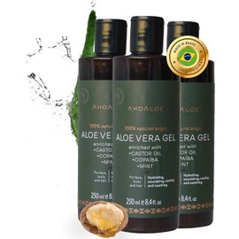 AHOALOE Paquete de 3 Gel de Aloe Vera Brasileño, 3 x 248 ml, Hidratante multiusos con copaiba, aceite de ricino y menta fresca para rostro, piel y cabello, cuidado después del sol