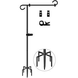 Whoonba 51 Inch Tall Garden Flag Stand Holder with 5 Prong Base, Yard Flag Pole Holder for 12x18 Outdoor Small Flag Decor with Two Spring Stoppers and a Tiger Clip, 1 Pack, Black, WHB-GFS-51-1