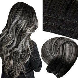 LaaVoo Hair Extensions, Balayage, Ombre, EZE Weft Extensions, Weave, Human Hair, Balayage, Black, 12 Inches (30.5 cm) Wide, Weave, Micro Rings, Invisible, 50 g/Pack, #1b/Silver 18 Inches/45 cm