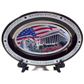 Lincoln Memorial with USA Flag Colorful Black Oval Ceramic Plate with Stand - Washington DC Souvenirs