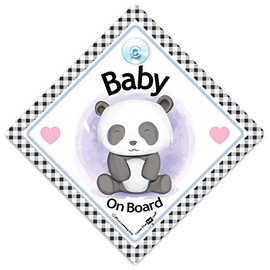 Baby Panda on Board Sign, Baby on Board Car Sign With Baby Panda Bear, Baby On Board Suction Cup Car Sign in Super Bright White and Black 14cm x 14cm