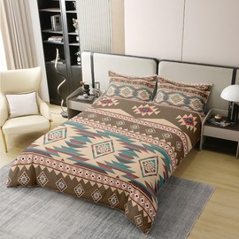 Queen Size Southwestern Duvet Cover 100% Cotton Geometric Pattern Bedding Set for Kids Tribal Style Comforter Cover Set Native American Design Brown Bedspread Cover Room Decor Bedclothes Zipper