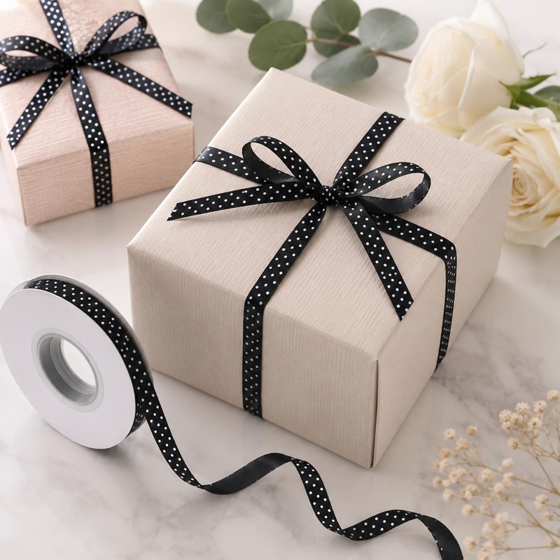 Polka Dot Ribbon 3/8 Inch 25 Yards Black and White