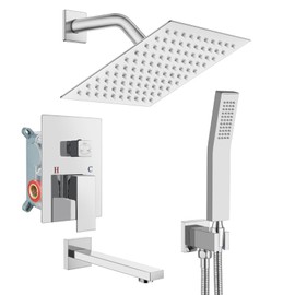 gotonovo Shower System with Tub Spout Wall Mounted Rain Shower Head and Handle Combo Shower Faucet Set with Valve, 8 Inch, Polish Chrome