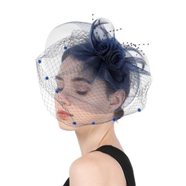 Fascinators Hat Flower Cocktail Lace Mesh Feathers Headband Clip for Women Tea Party Wedding Vintage Derby Hats-Navy-02
