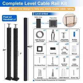 Cable Railing Post Kit 36" Include Handrail, 2Pack Black Level Posts, 151ft Wire Rope, Complete Set Cable Railing System DIY Kit for Residential Deck Porch Indoor Outdoor Stainless Steel