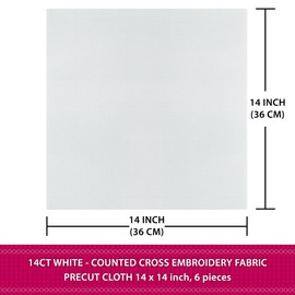 6 Pieces 14 Count Cross Stitch Embroidery Fabric. Precut Cloth, White, 100% Cotton (14" x 14")