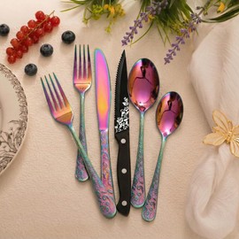 Chuleno 24-Piece Stainless Steel Rainbow Silverware Set for 4, Vintage Floral Carved Flatware Set with Steak Knives, Cutlery Set for Home and Kitchen, Mirror Polished Utensil Set for Gift