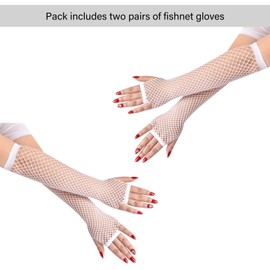 2 Pairs Women's Mesh Gloves, Long Fingerless Mesh Gloves, Elastic Hollow Gloves for Dress, Dance, Party, Costume Accessories, White